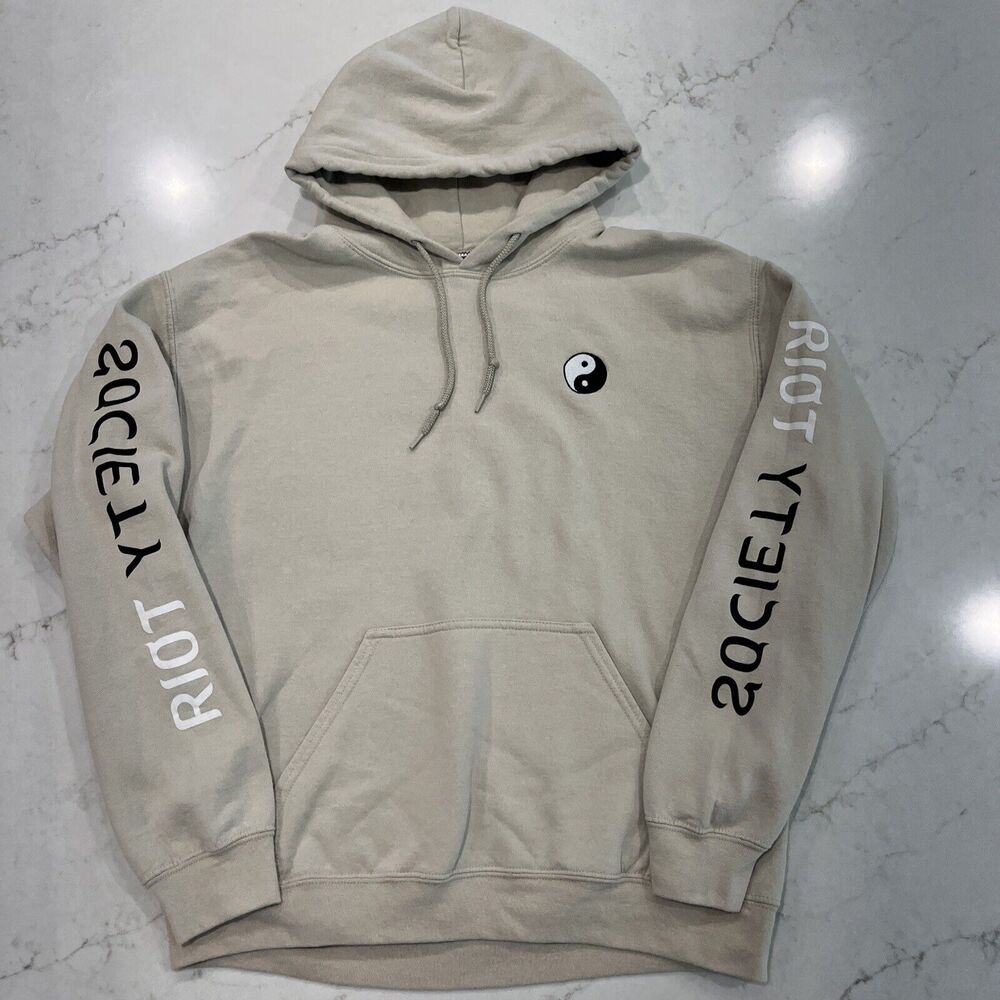 Riot Society Mens M Yin Yang Pullover Hoodie Sweatshirt Beige Skate Street
